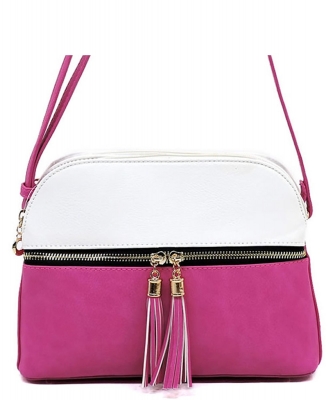 Dual Tone Zip Tassel Multi Compartment Crossbody Bag LP050 WHITE FUCHSIA